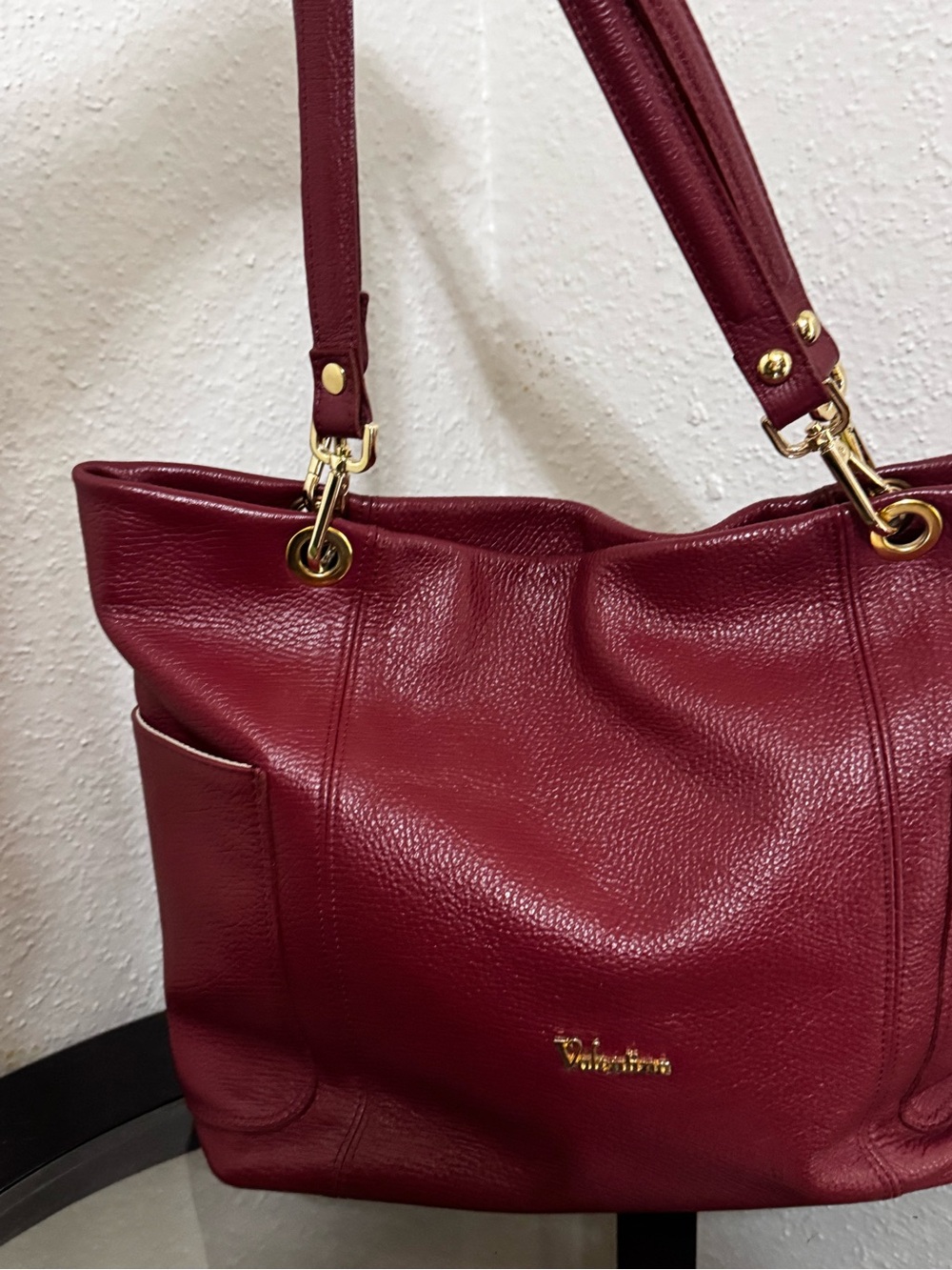 Valentina Burgundy Leather Shoulder Bag with Gold Hardware